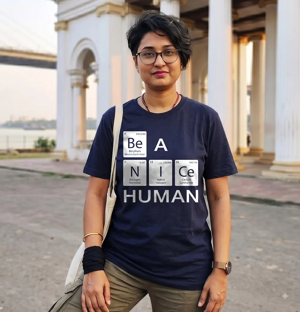 Woman wearing Be A Nice Human T-shirt and standing