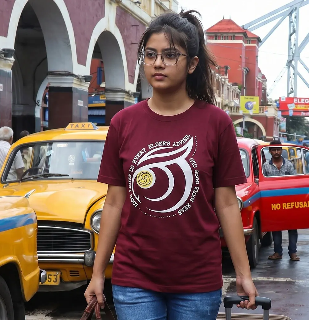 Giril wearing Wine Red Even Fools Grow Old T-shirt and travelling
