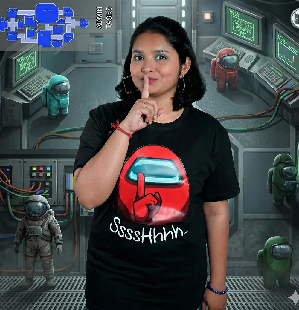 Woman wearing an Among Us unisex T-shirt